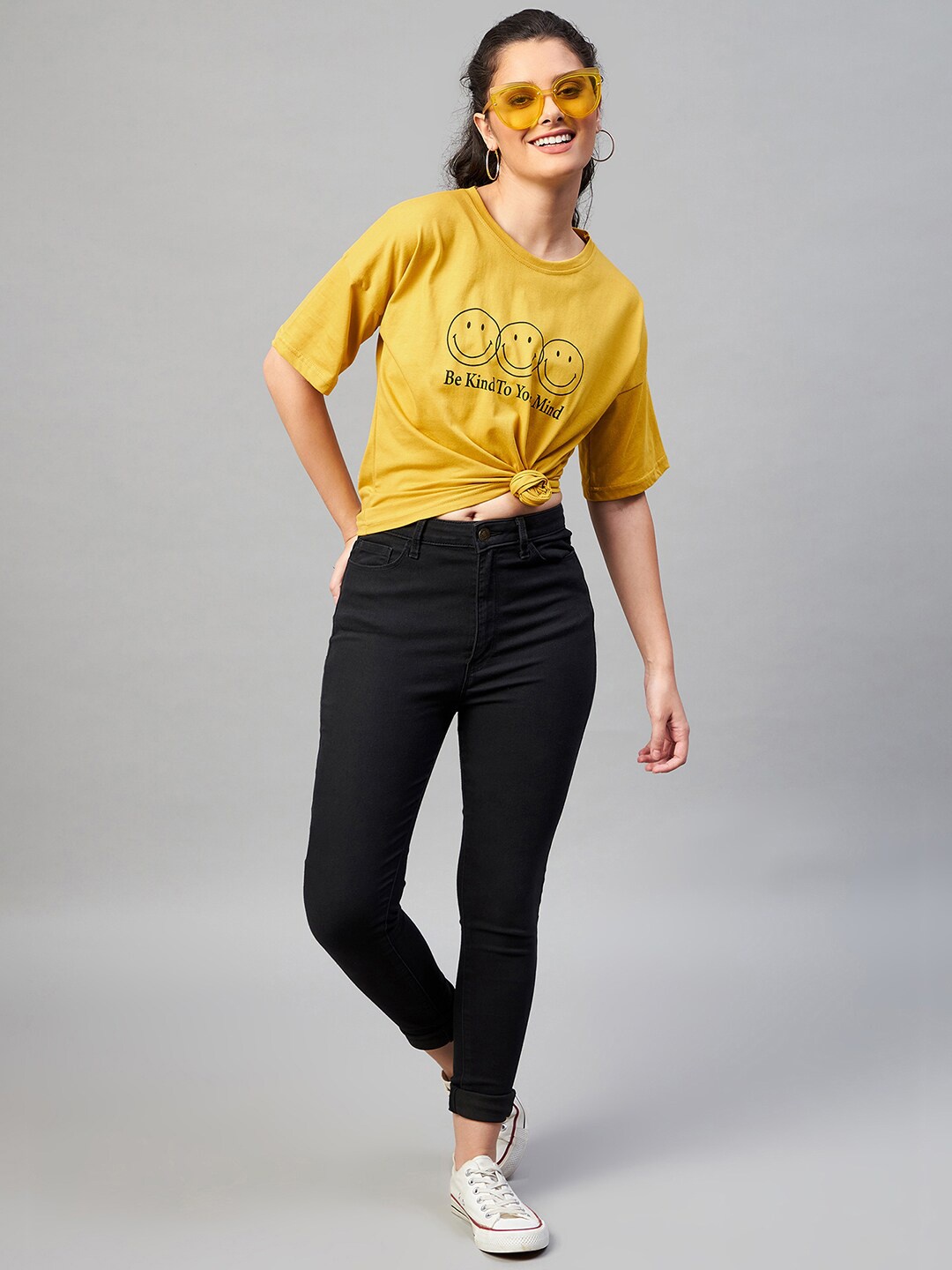 

CHIMPAAANZEE Women Yellow Typography Printed Raw Edge T-shirt