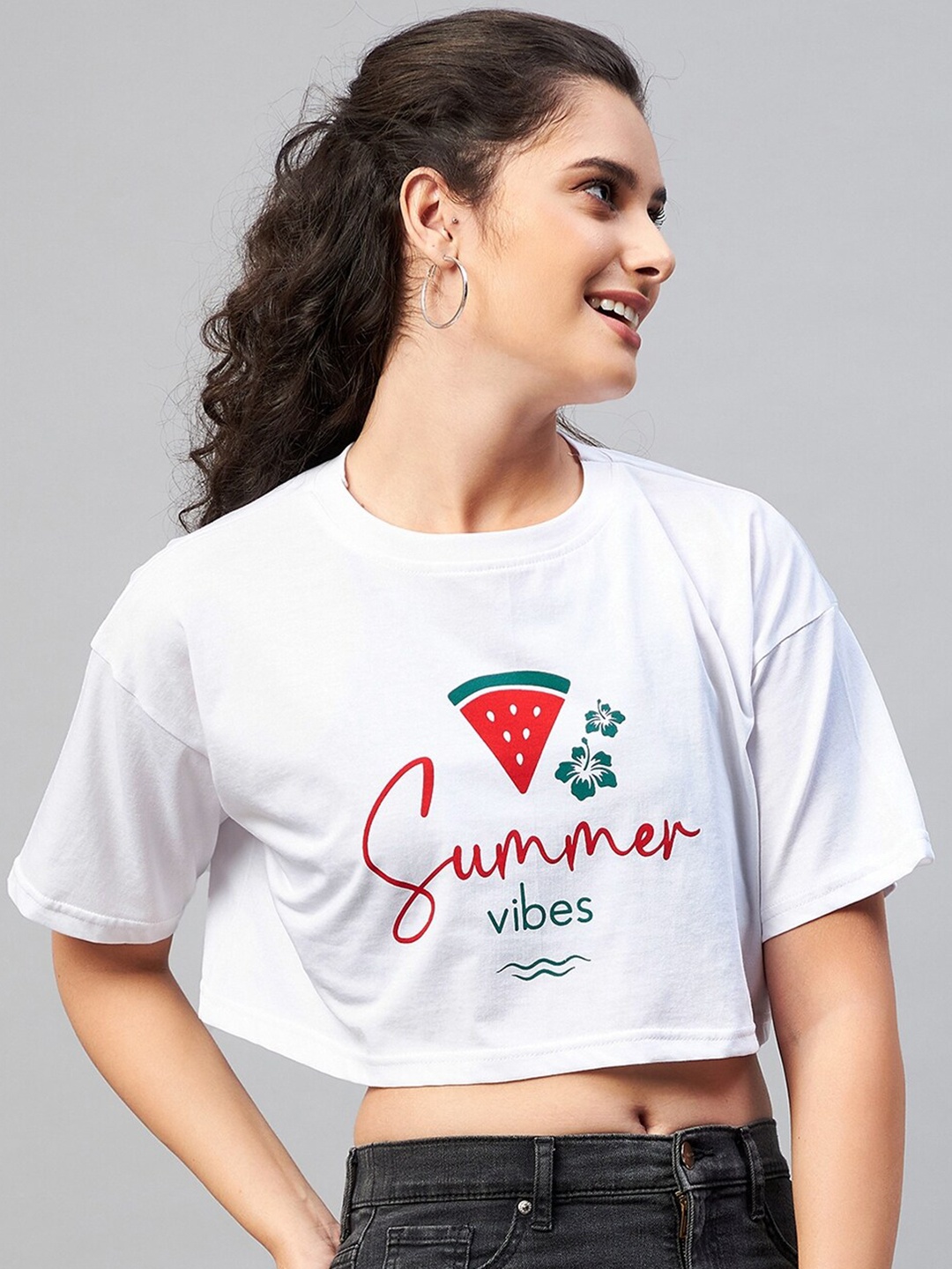 

CHIMPAAANZEE Women White Printed Oversized Fit Cotton Crop T-shirt