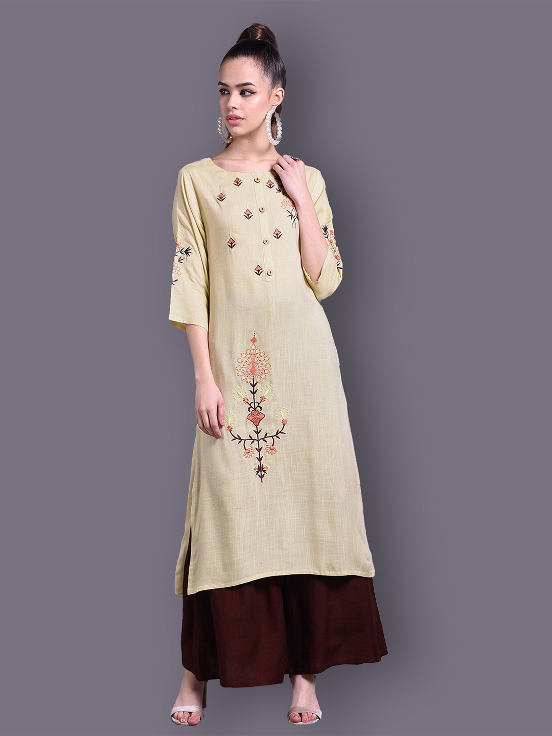 

DORIYA Women Beige Floral Embroidered Angrakha Kurti with Palazzos