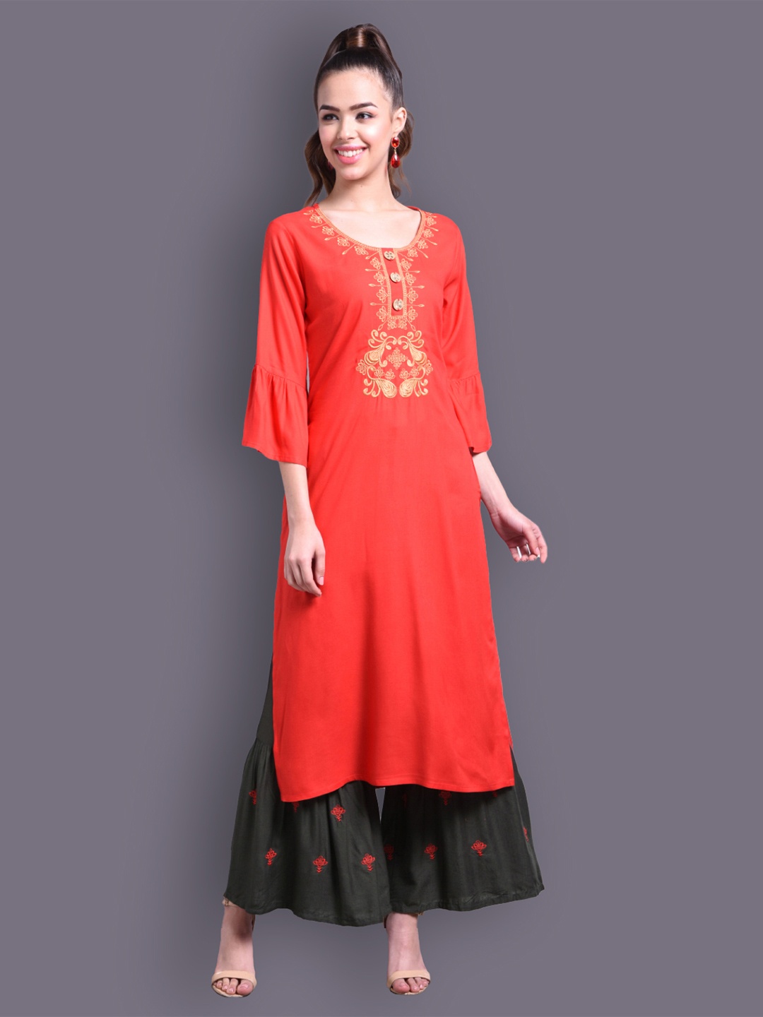 

DORIYA Women Red Floral Embroidered Yoke Design Kurta with Sharara Set