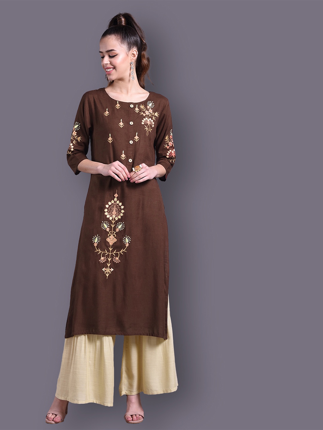 

DORIYA Women Brown Ethnic Motifs Printed Kurta with Palazzos