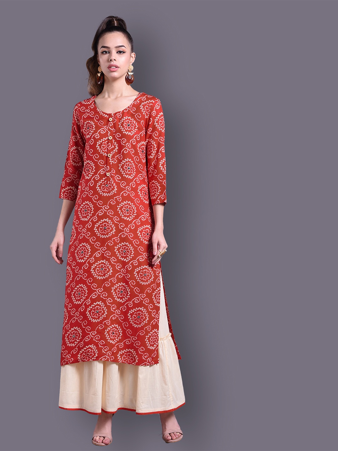 

DORIYA Women Red Bandhani Printed Kurta with Skirt