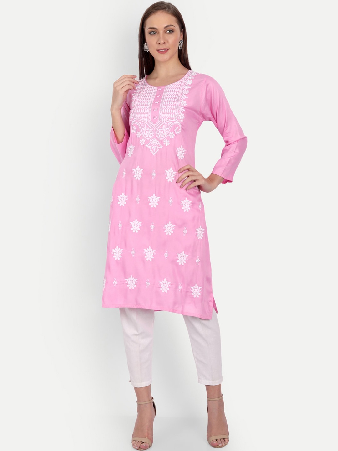 

Indiankala4u Women Pink Embroidered Flared Sleeves Chikankari Kurta