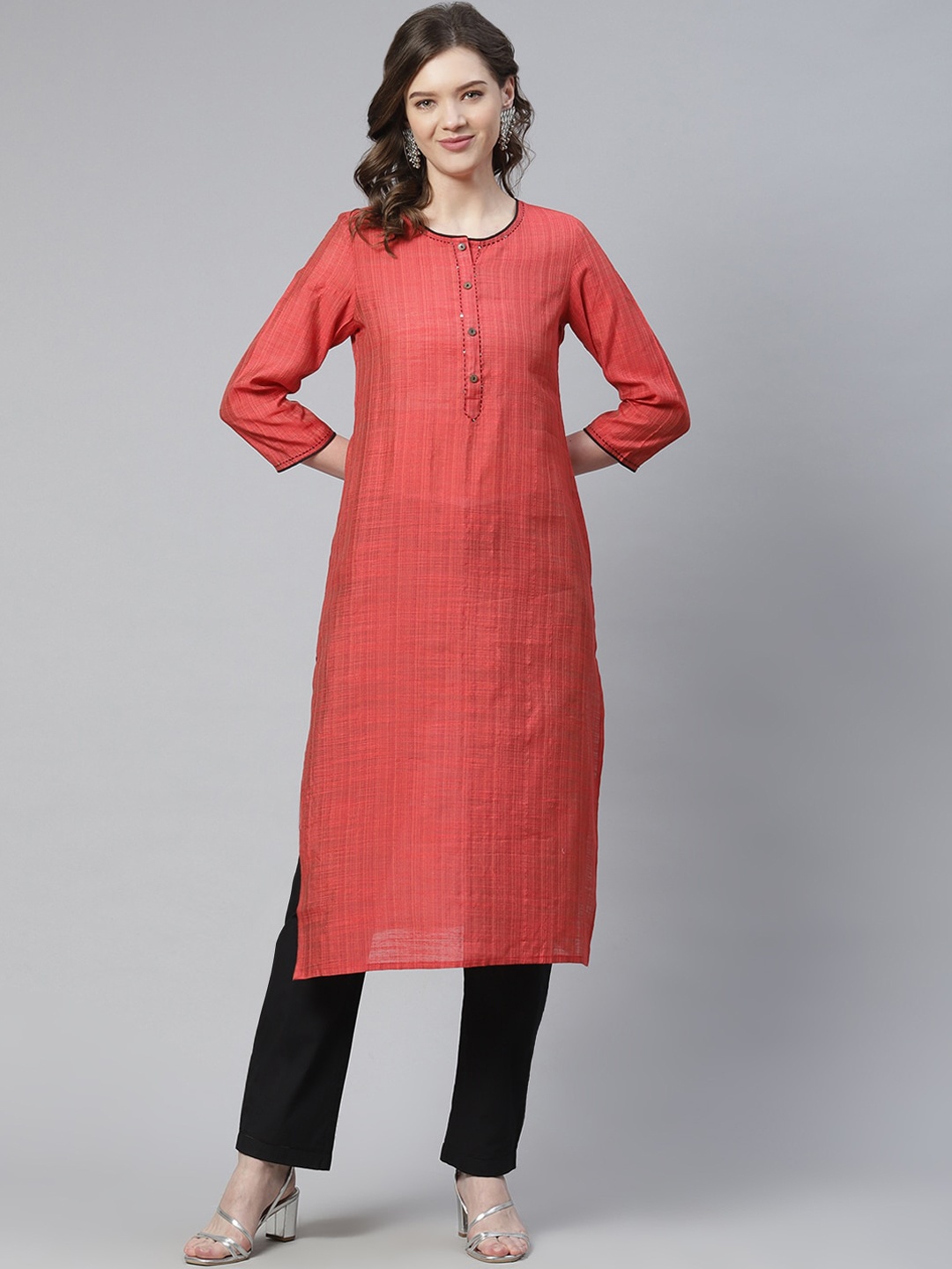 

INDYES Women Orange Striped Quirky Kurta