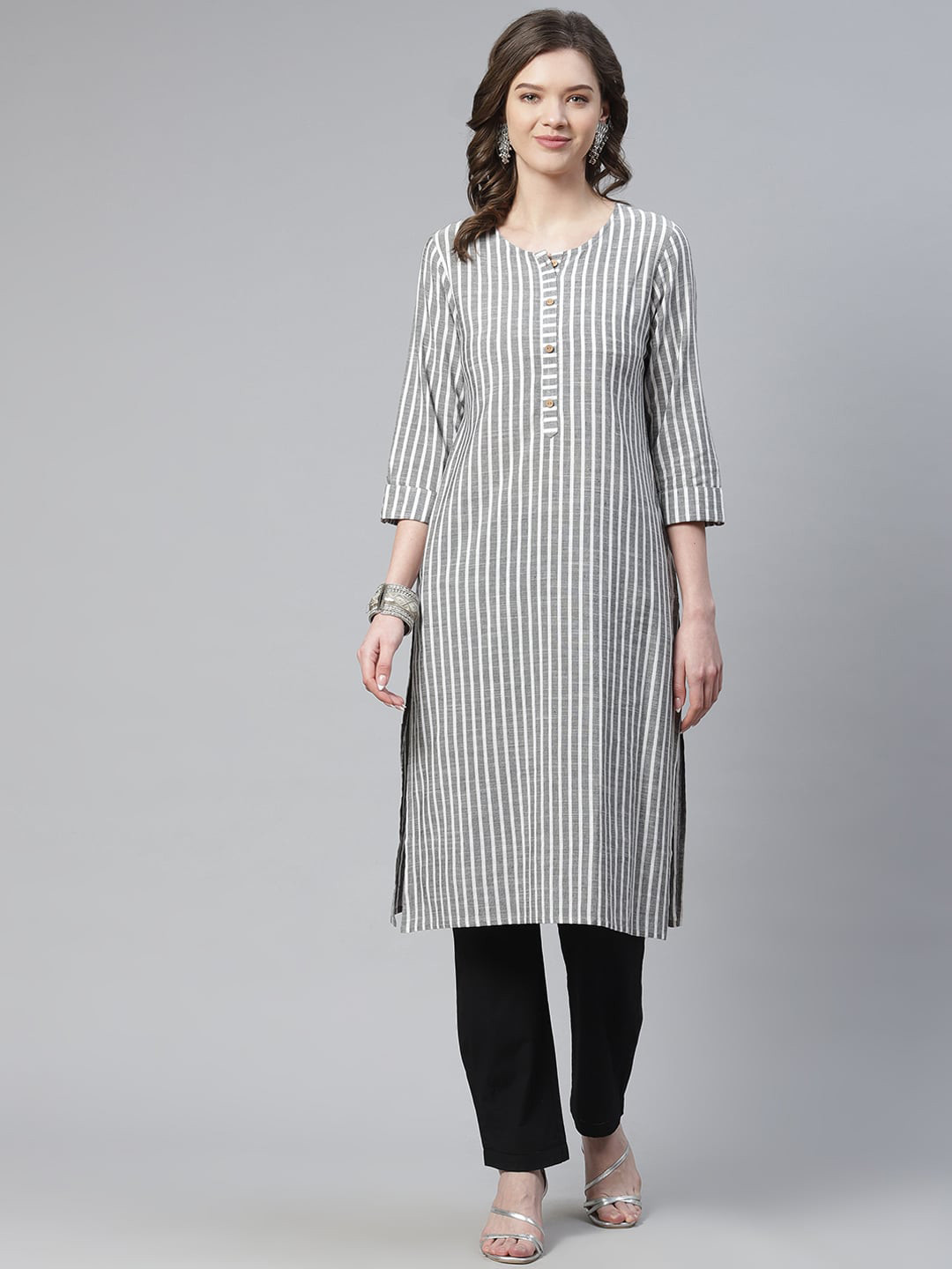 

INDYES Women Grey Striped Thread Work Handloom Cotton Kurta