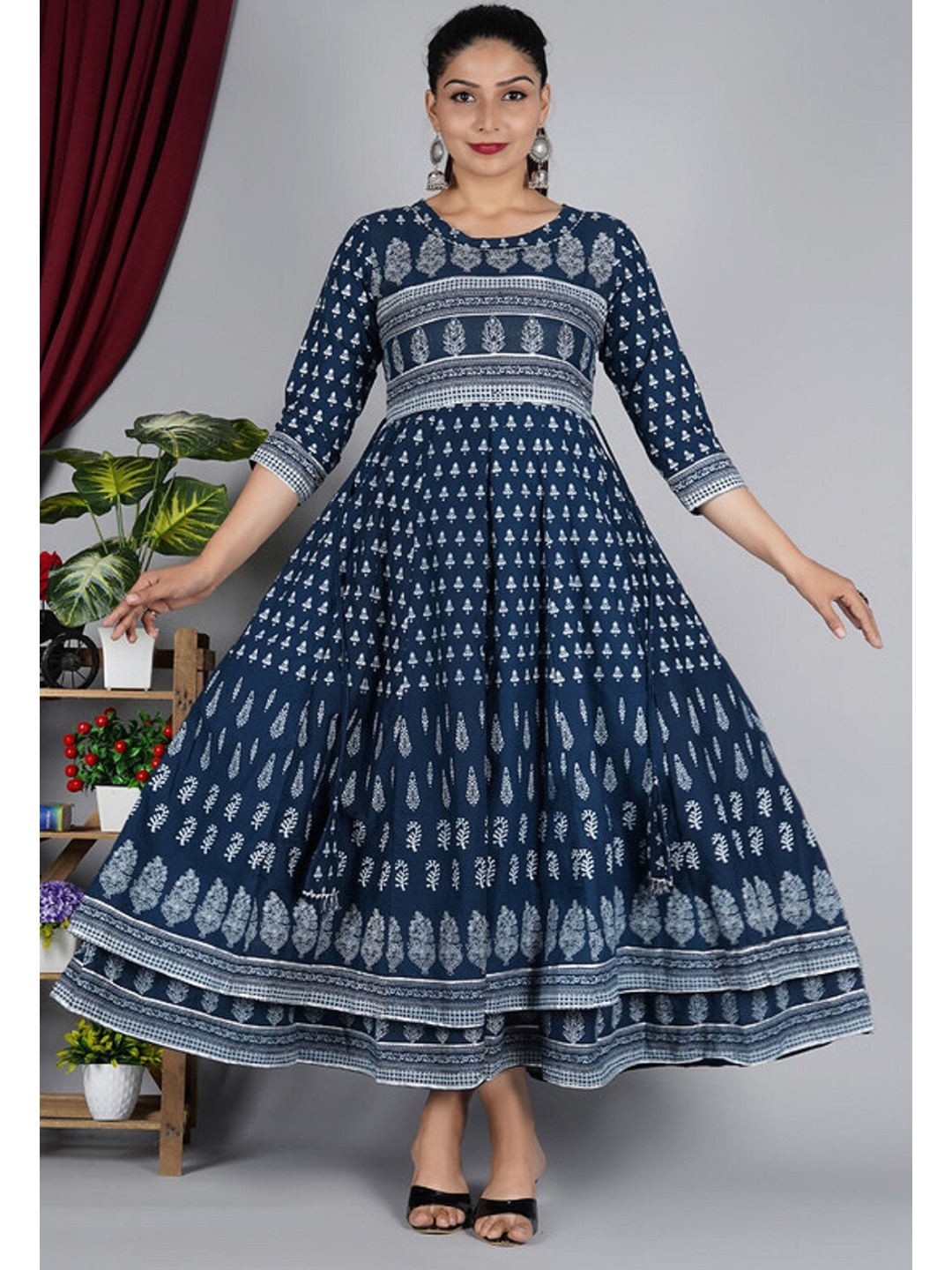 

Mishpra Navy Blue & White Ethnic Motifs Ethnic Maxi Dress