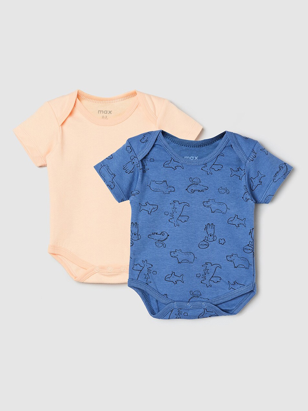 

max Boys Pack of 2 Printed Pure Cotton Bodysuit, Blue