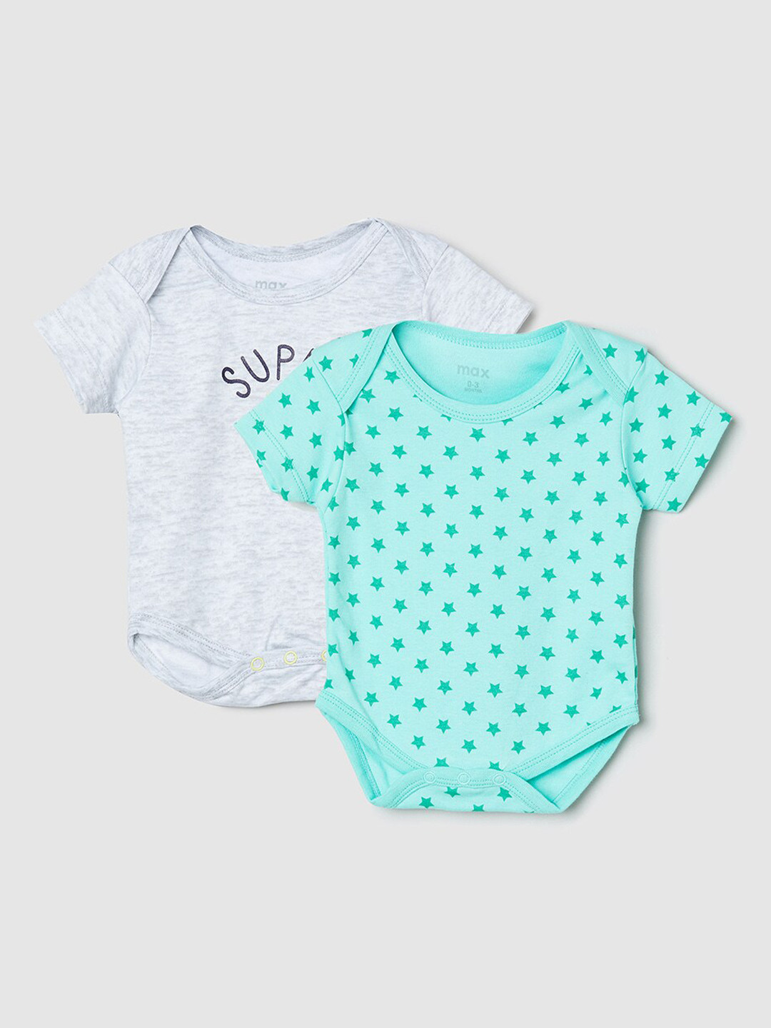 

max Boys Pack of 2 Blue & Grey Printed Cotton Bodysuits