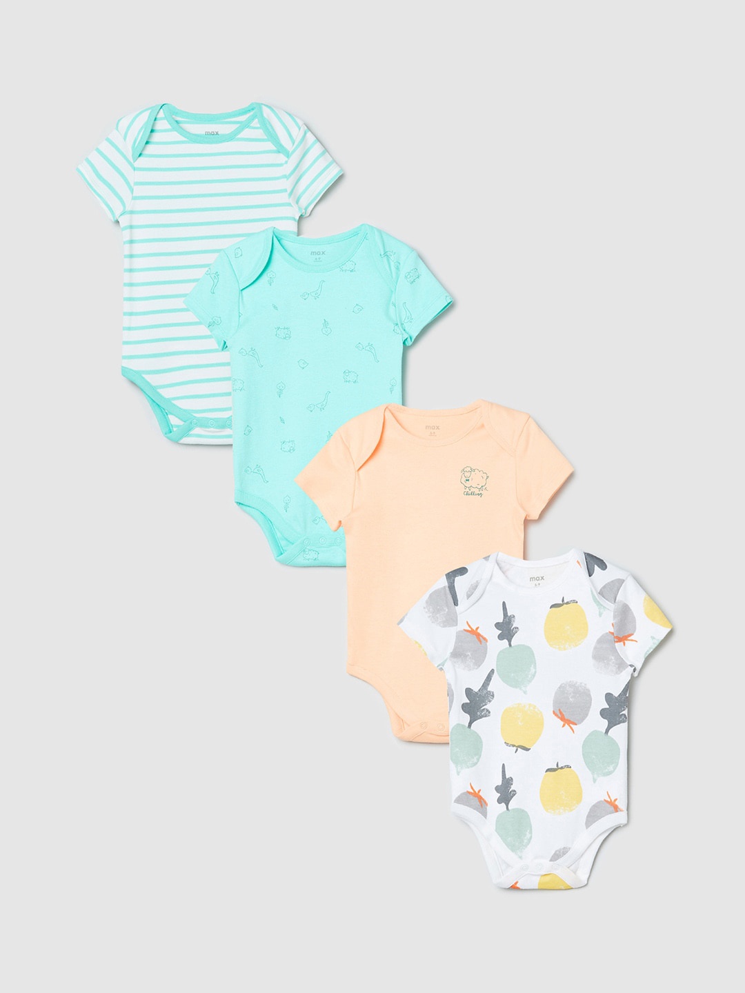 

max Boys Pack Of 4 Printed Cotton Bodysuit, Blue