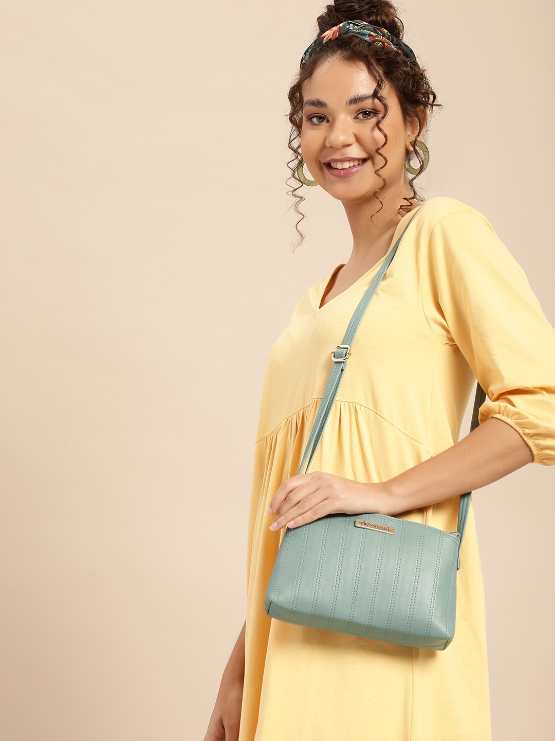 

DressBerry Mint Green Self-Striped Structured Sling Bag