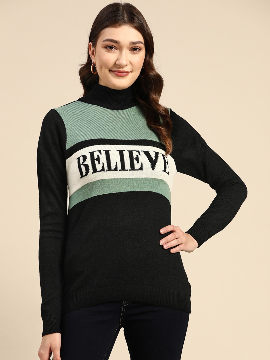 

all about you Women Black & Sage Green Typography Acrylic Pullover