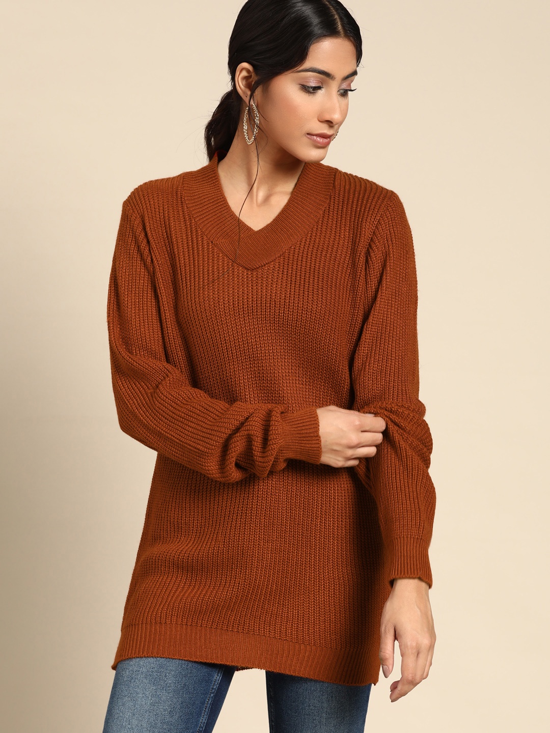 

all about you Women Rust Orange V-Neck Knitted Pullover