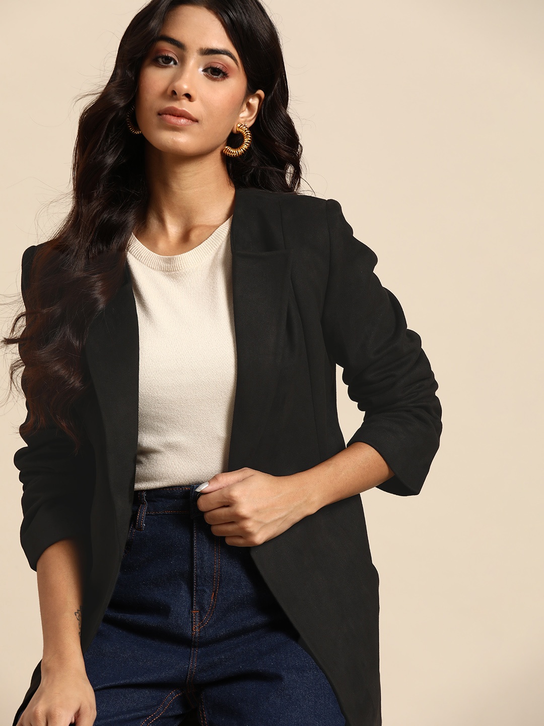 

all about you Women Solid Collarless Shoulder Pads Blazer, Black