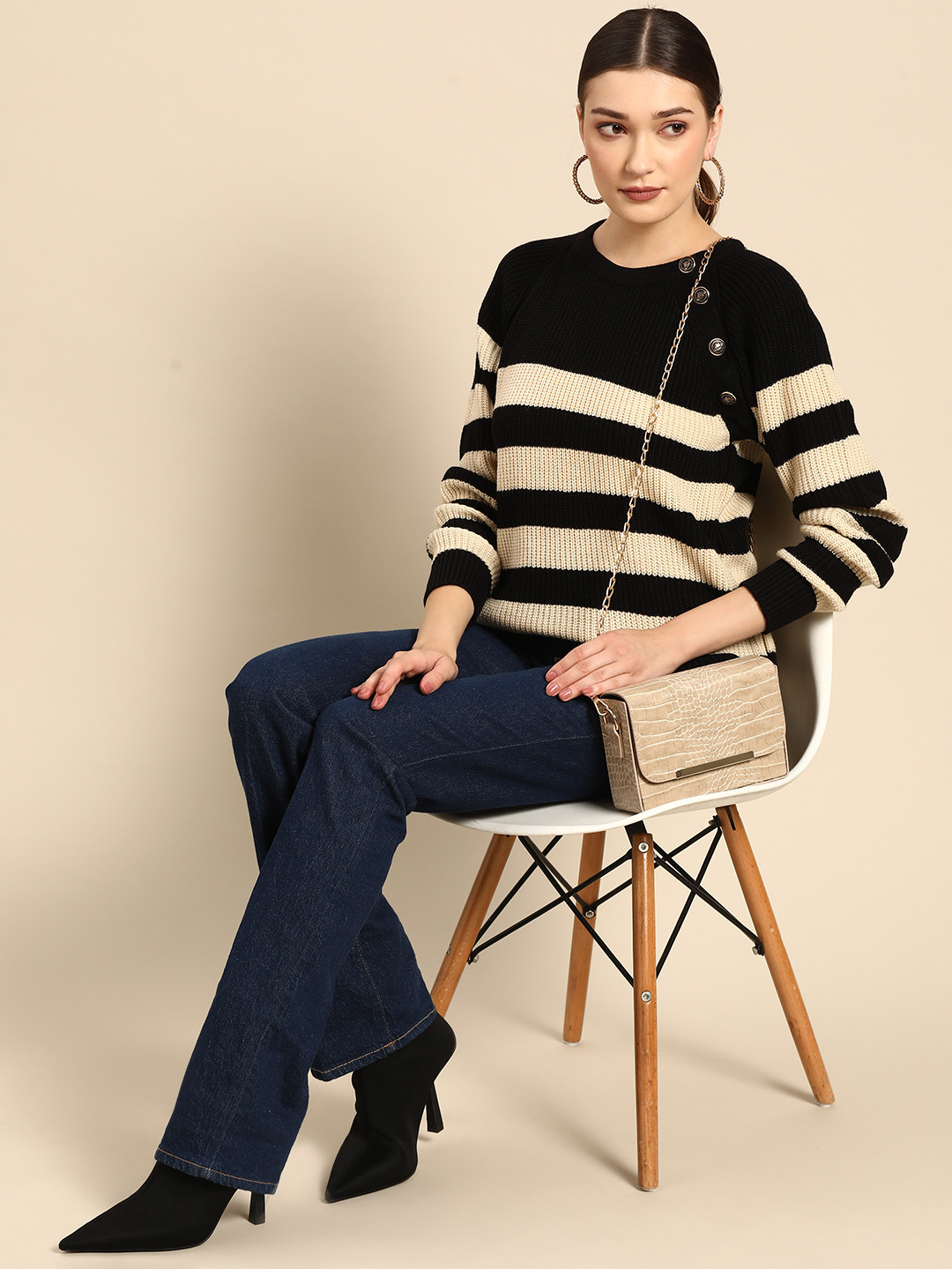 

all about you Women Off White & Black Striped Pullover