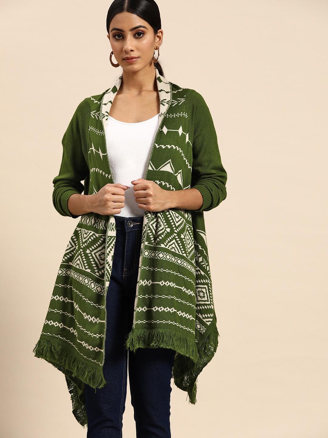 

all about you Women Green & Off White Acrylic Geometric Pattern Front-Open Sweater