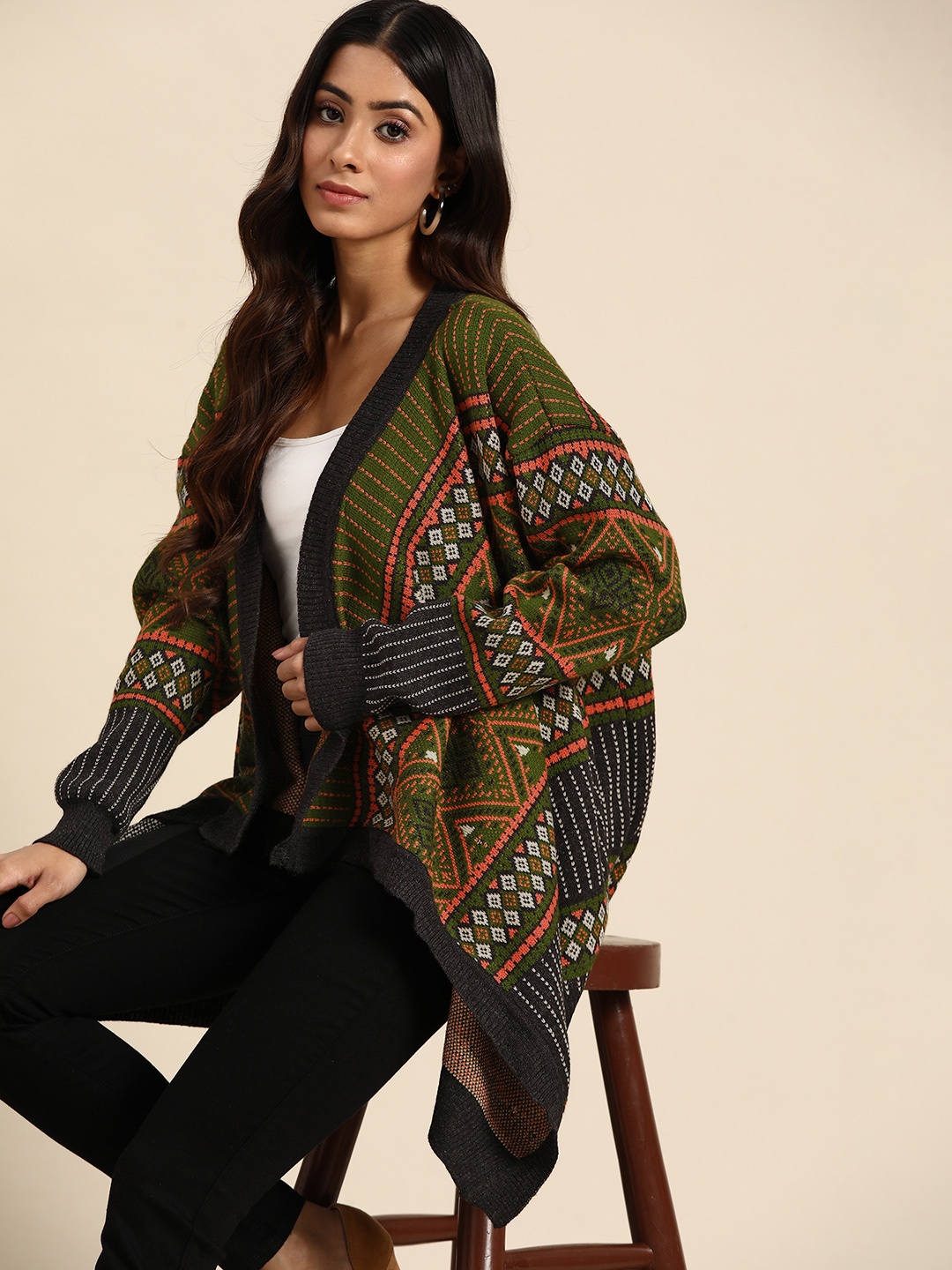 

all about you Ethnic Motifs Pattern Acrylic Front-Open Sweater, Olive