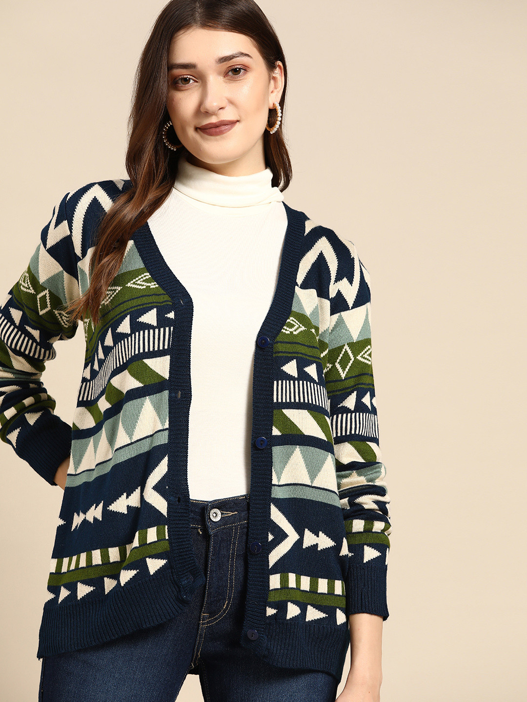 

all about you Women Navy Blue & Cream-Coloured Printed Cardigan