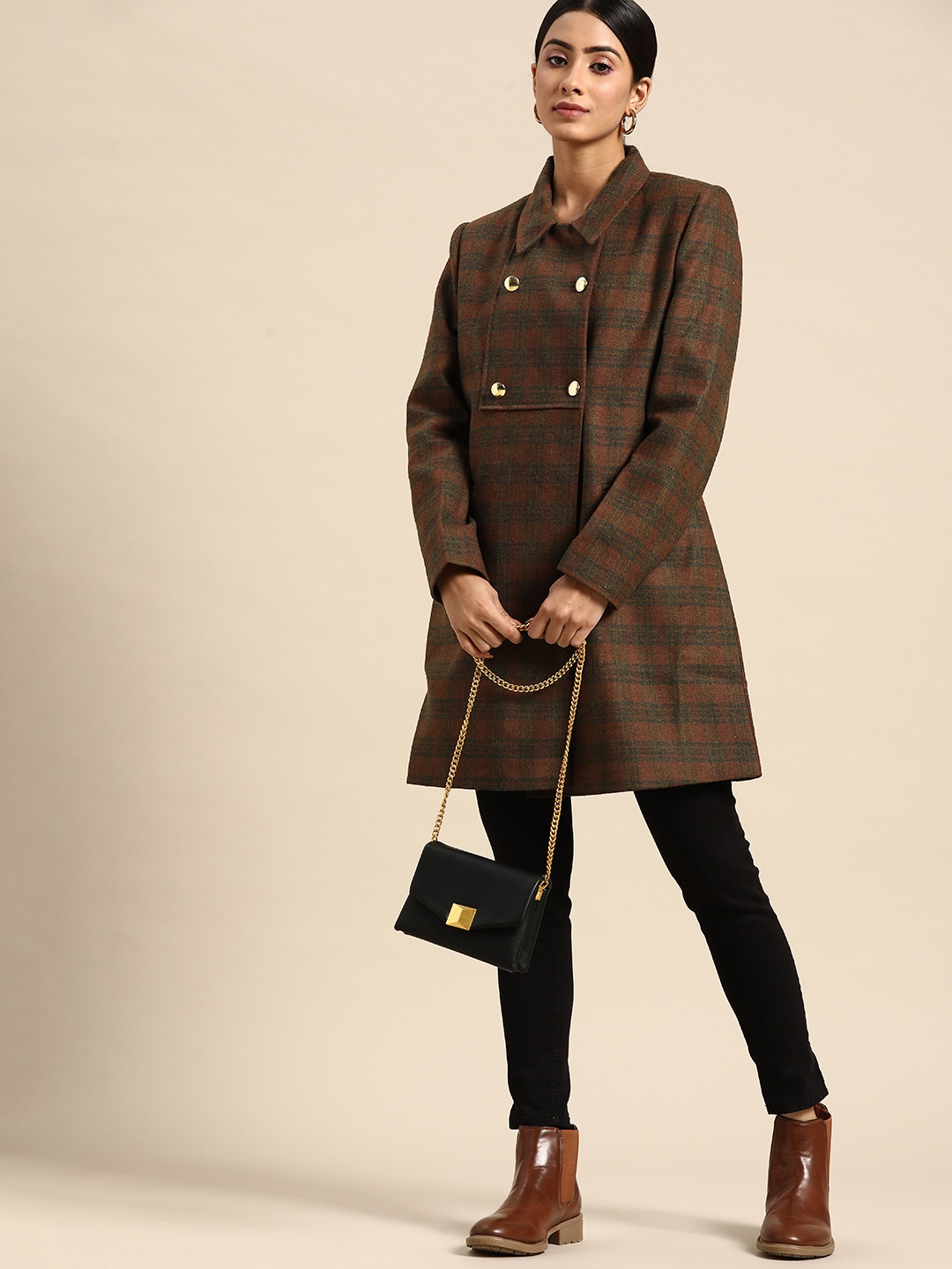 

all about you Women Rust Brown & Green Checked Longline Pea Coat