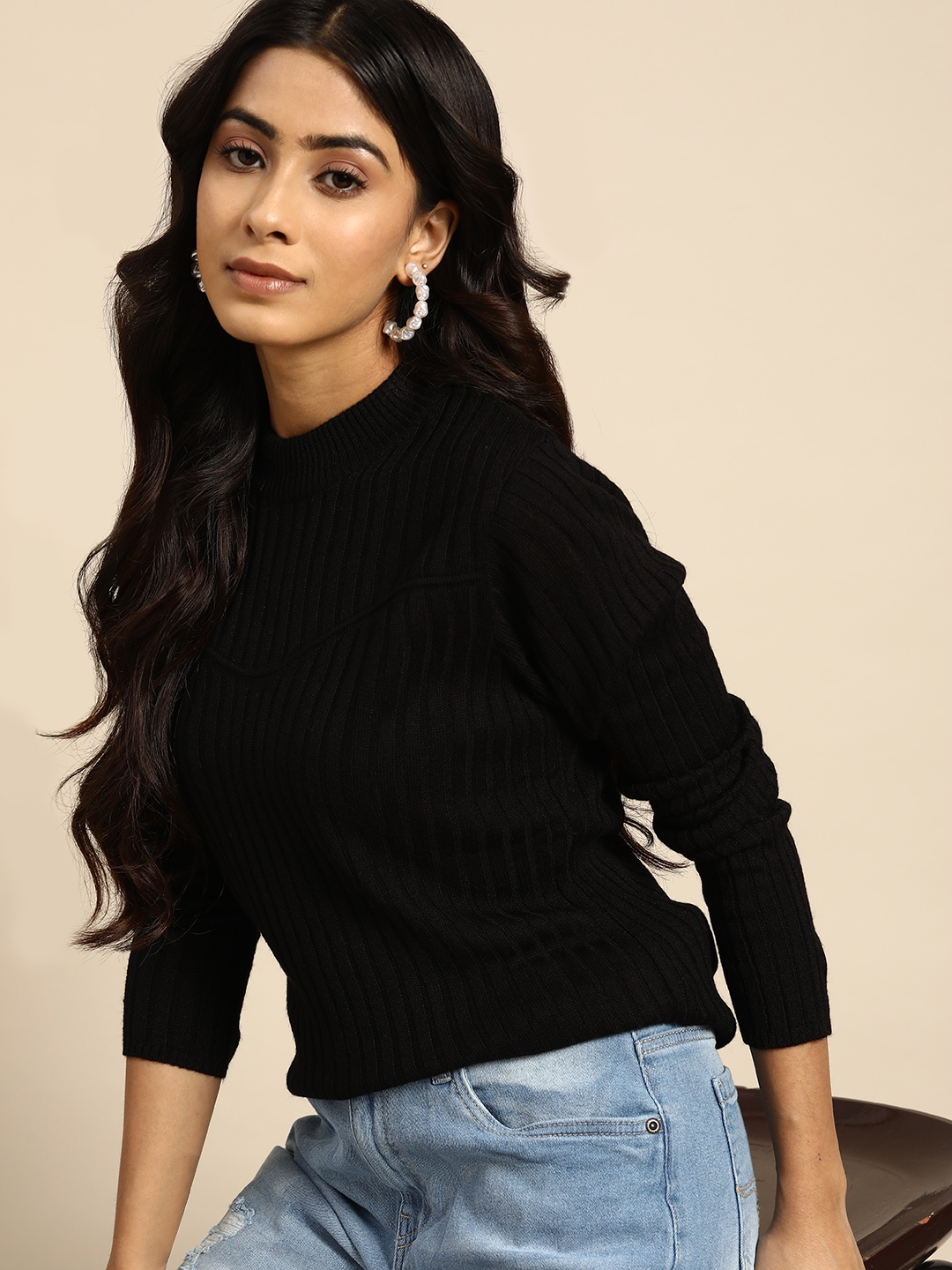 

all about you Women Black Ribbed Pullover
