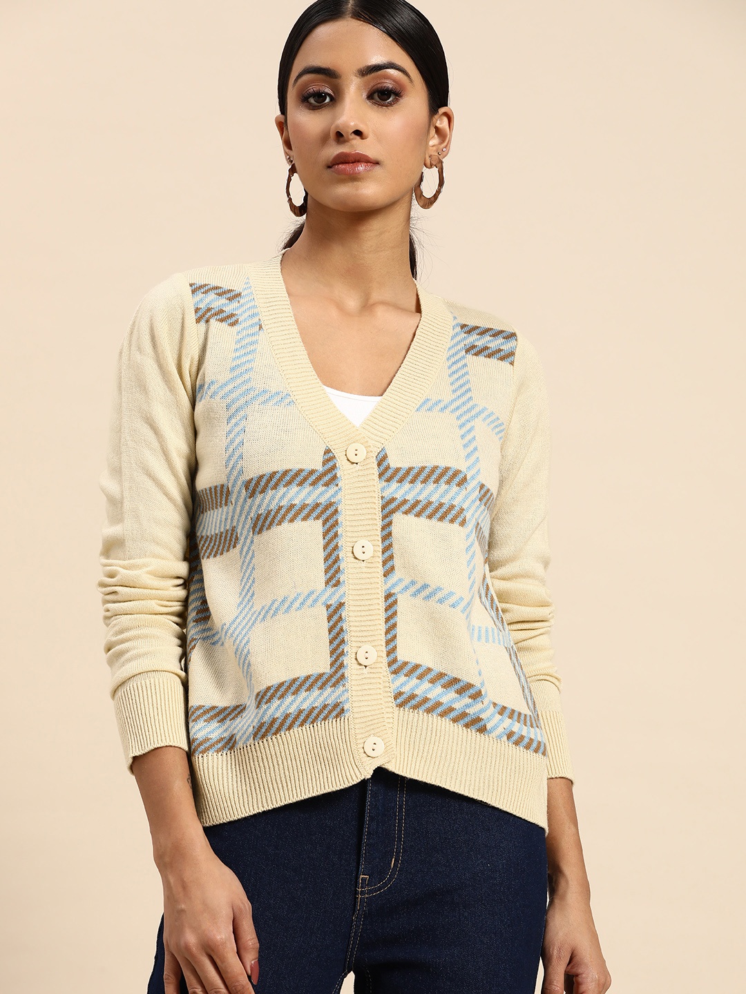 

all about you Women Beige & Blue Checked Cardigan