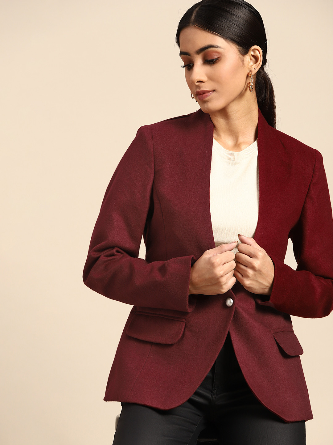 

all about you Women Maroon Solid Single-Breasted Collarless Blazer