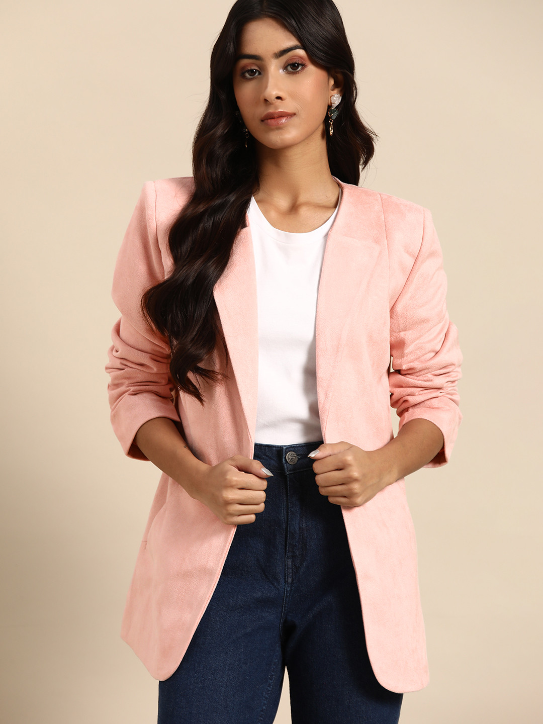

all about you Women Solid Collarless Shoulder Pads Blazer, Pink