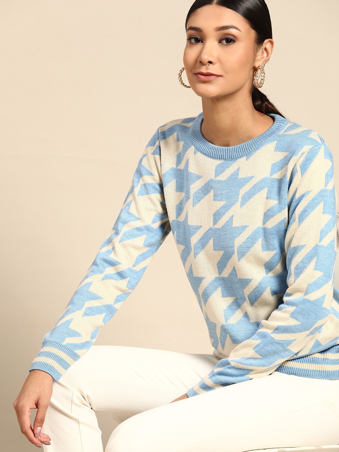 

all about you Women Blue & White Geometric Printed Pullover