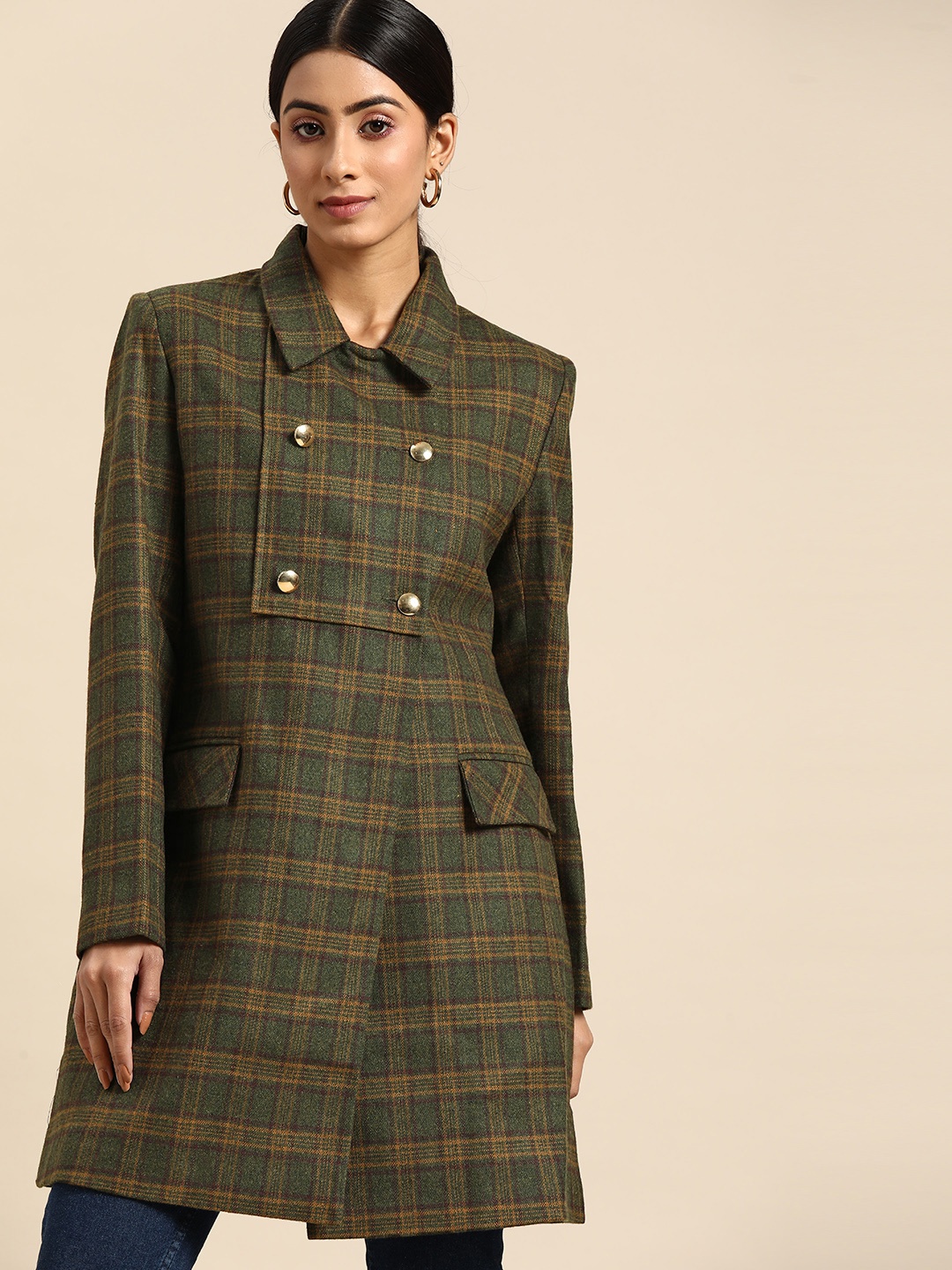 

all about you Women Olive Green Checked Longline Pea Coat