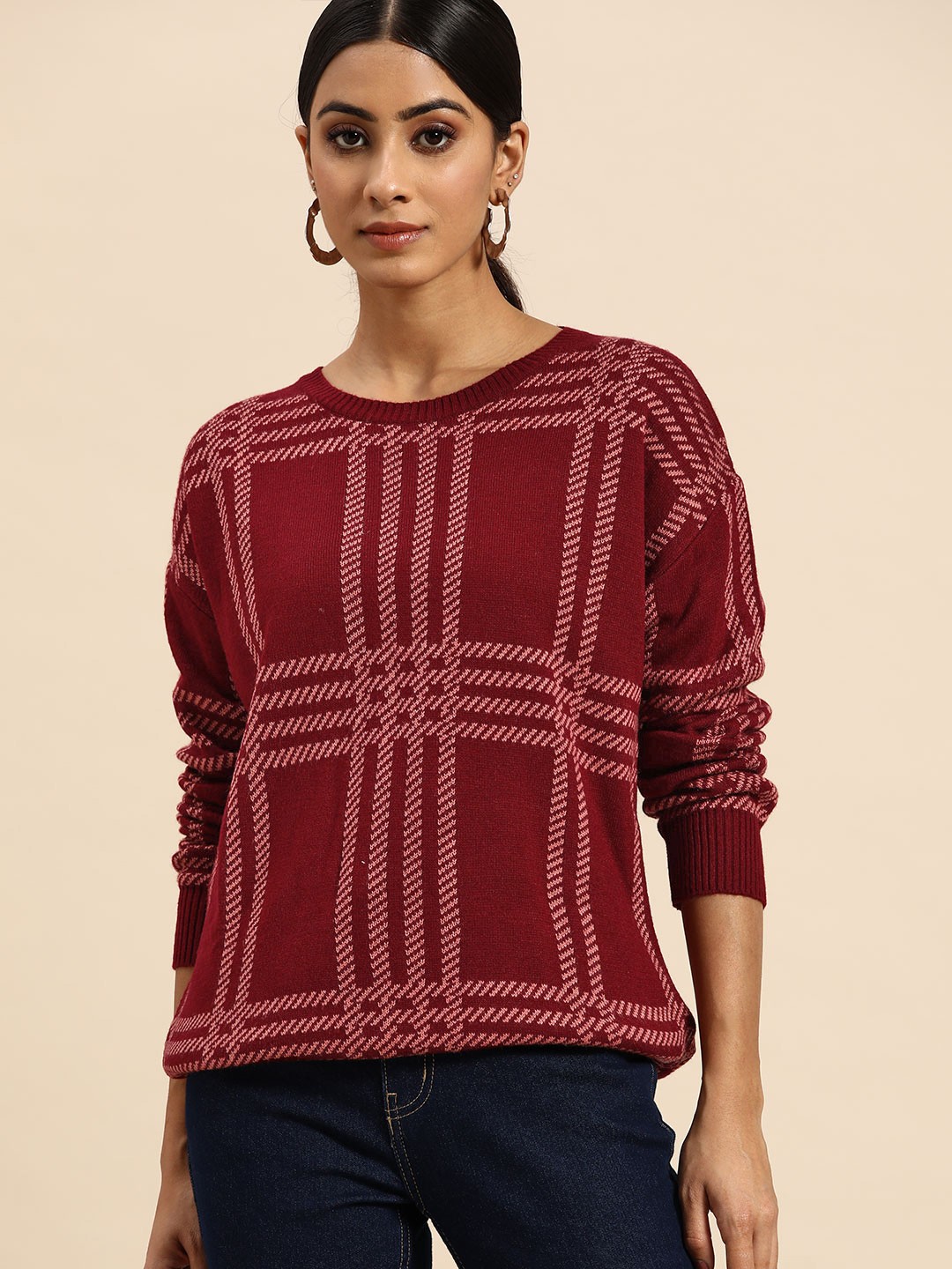 

all about you Women Maroon & Pink Checked Pullover