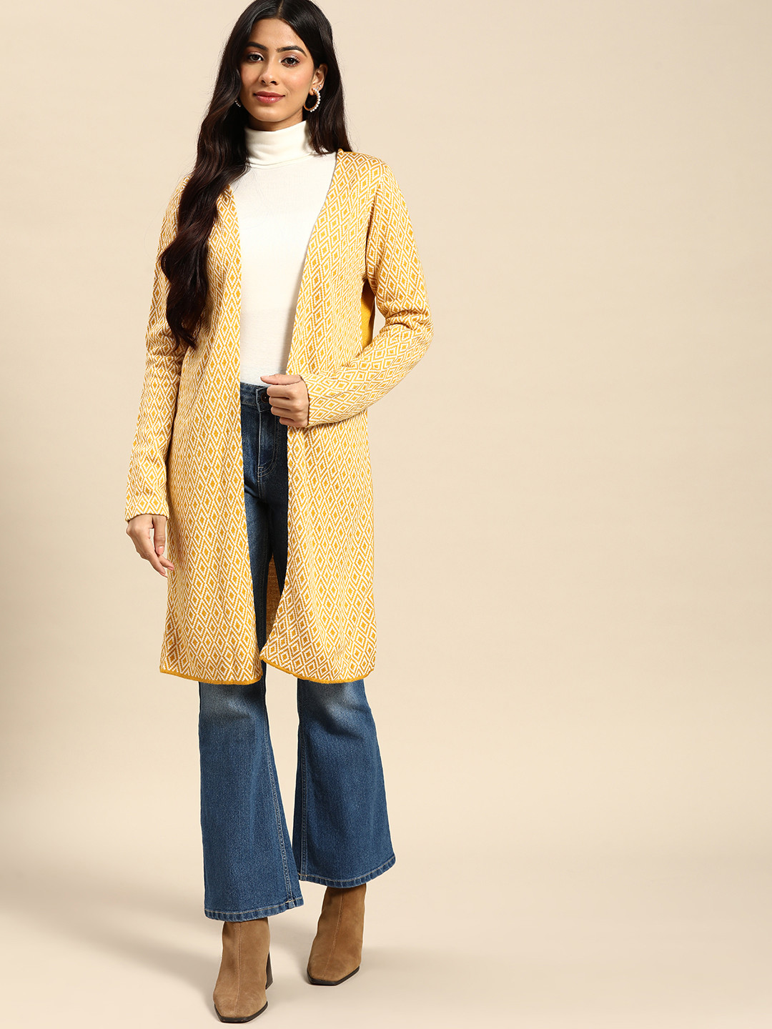 

all about you Women Mustard yellow Printed Longline Front Open Sweater