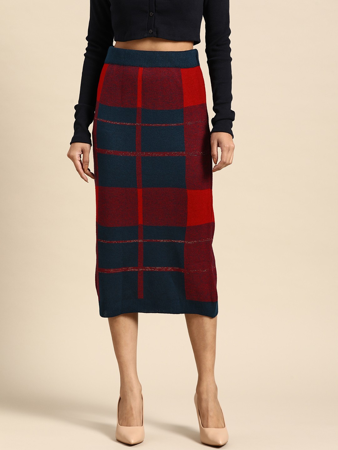 

all about you Women Maroon & Navy Blue Checked Straight Skirt