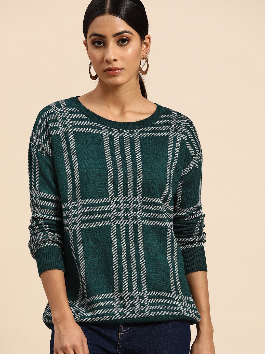 

all about you Women Green Checked Pullover