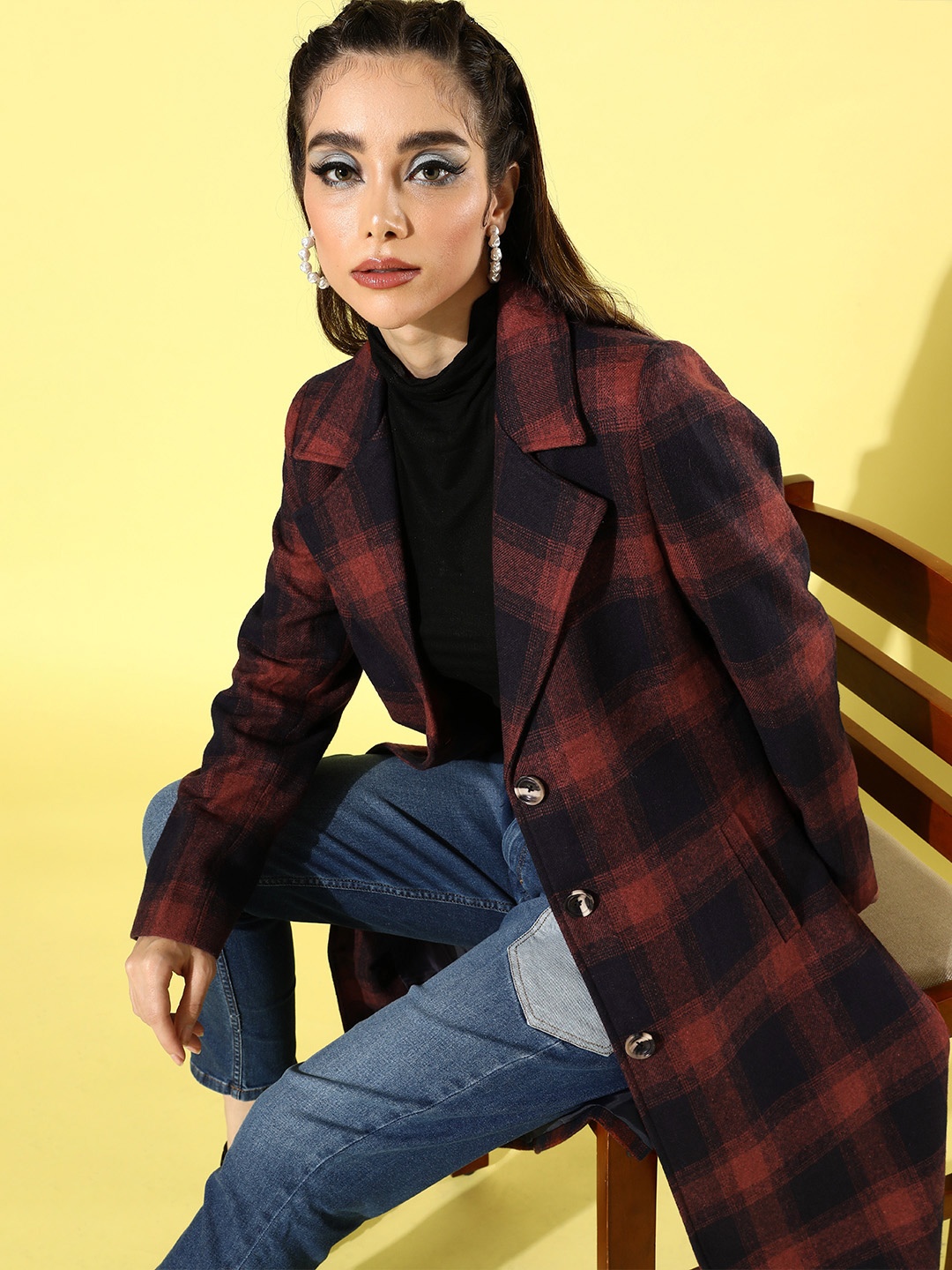

all about you Women Rust Navy Blue Checked Longline Overcoat