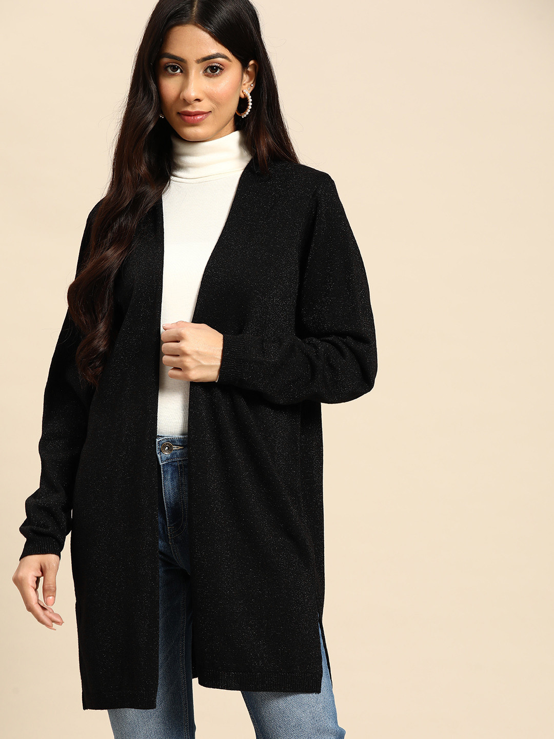 

all about you Women Black Shimmery Longline Front-Open Sweater