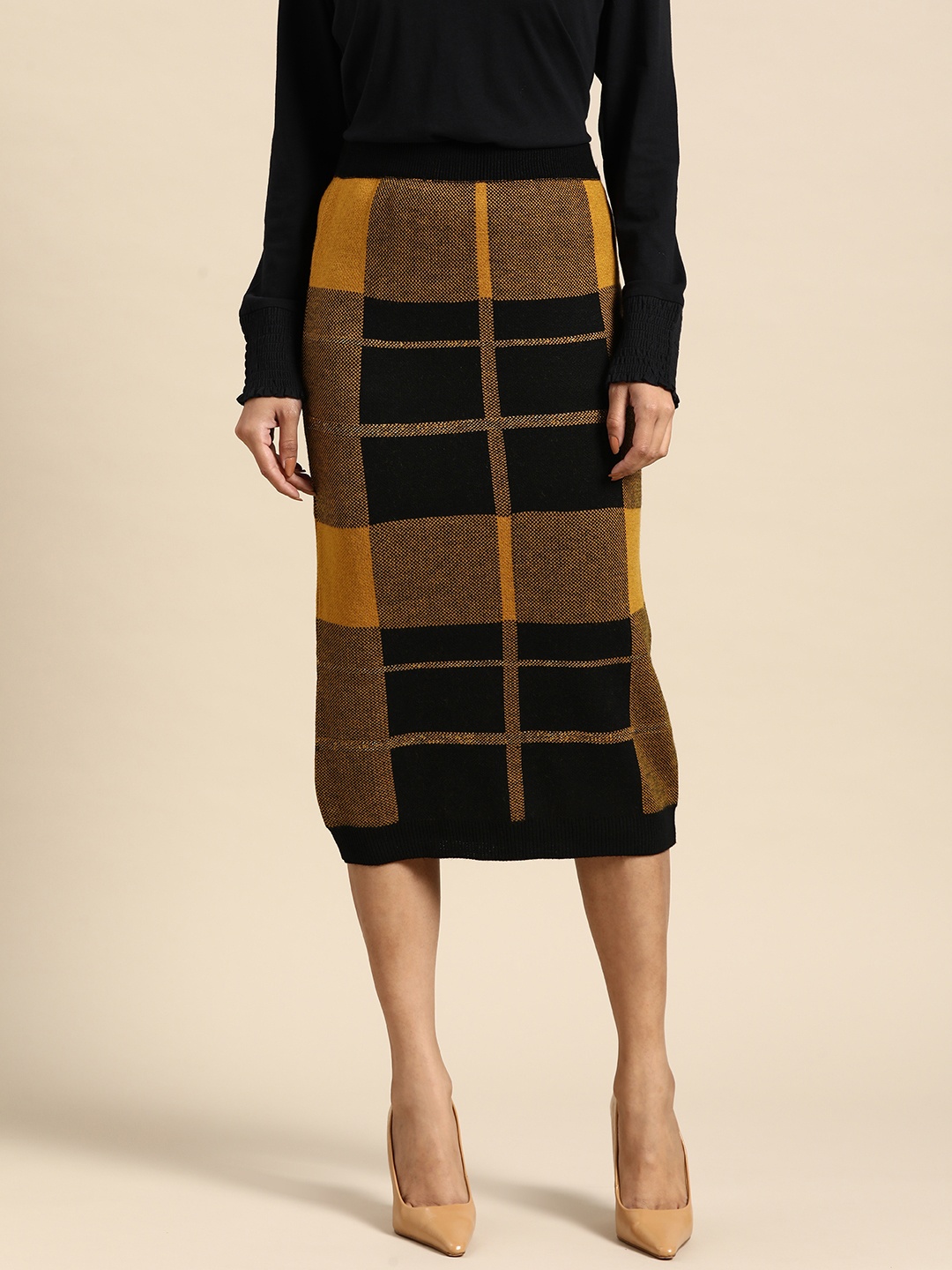 

all about you Women Mustard Brown & Black Checked Straight Skirt