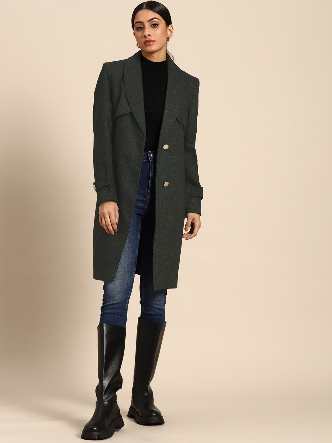 

all about you Women Green & Navy Houndstooth Pattern Longline Overcoat