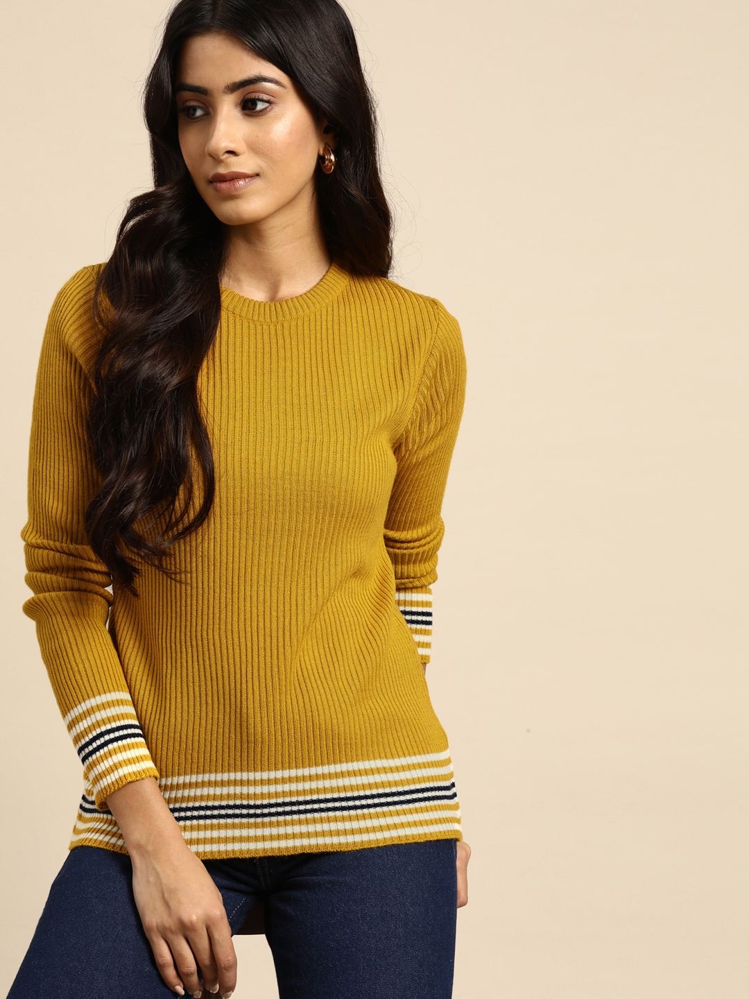 

all about you Women Mustard Yellow Striped Striped Pullover