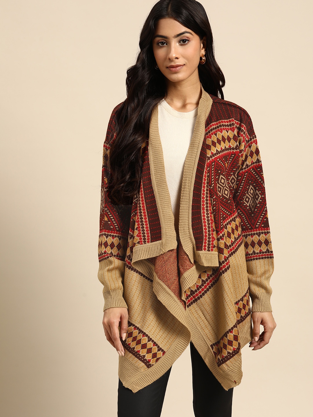 

all about you Women Brown & Red Argyle Design Front-Open Cardigan