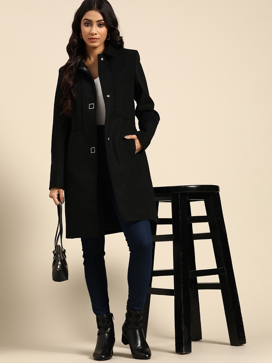 

all about you Women Black Solid Longline Overcoat