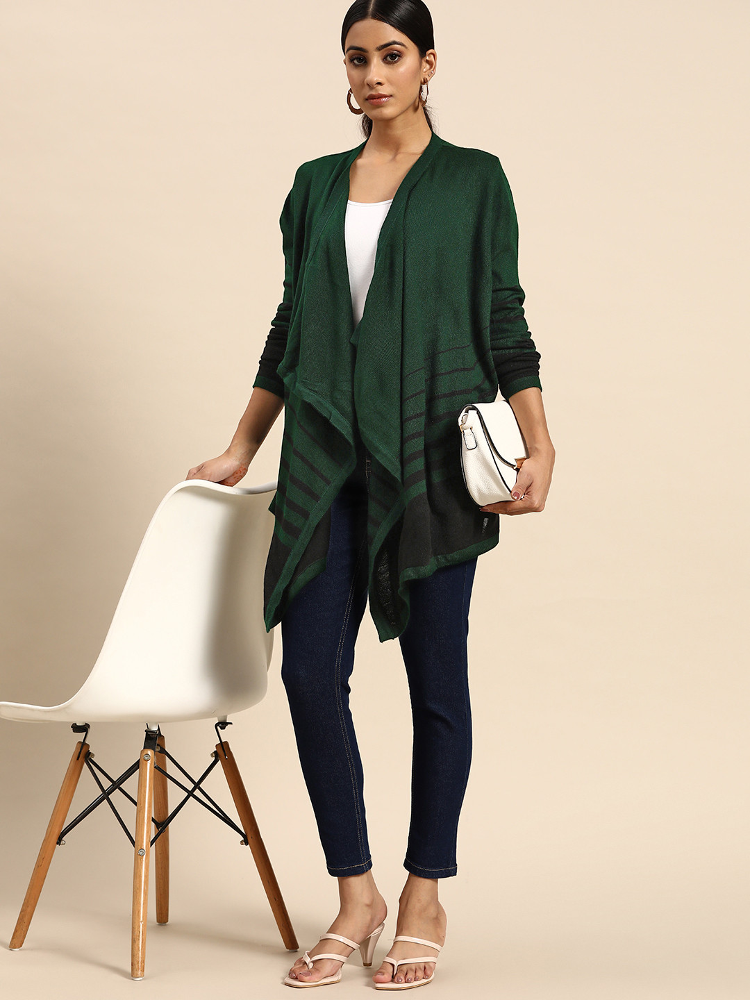 

all about you Women Green & Black Acrylic Striped Front-Open Sweater
