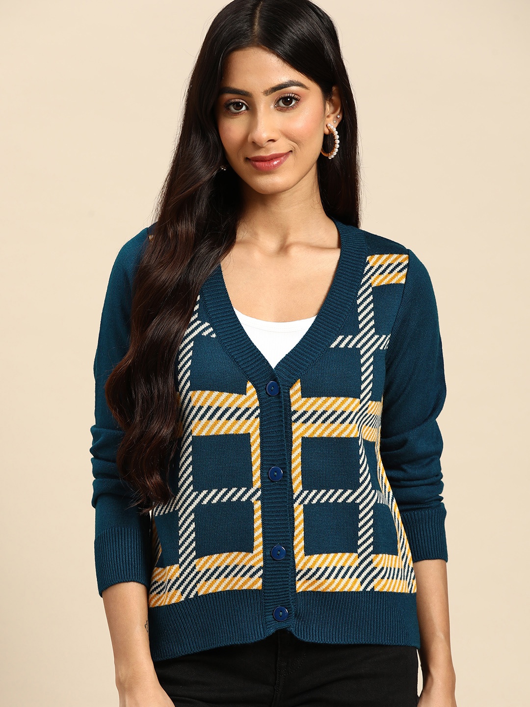 

all about you Women Teal Blue & Yellow Checked Cardigan