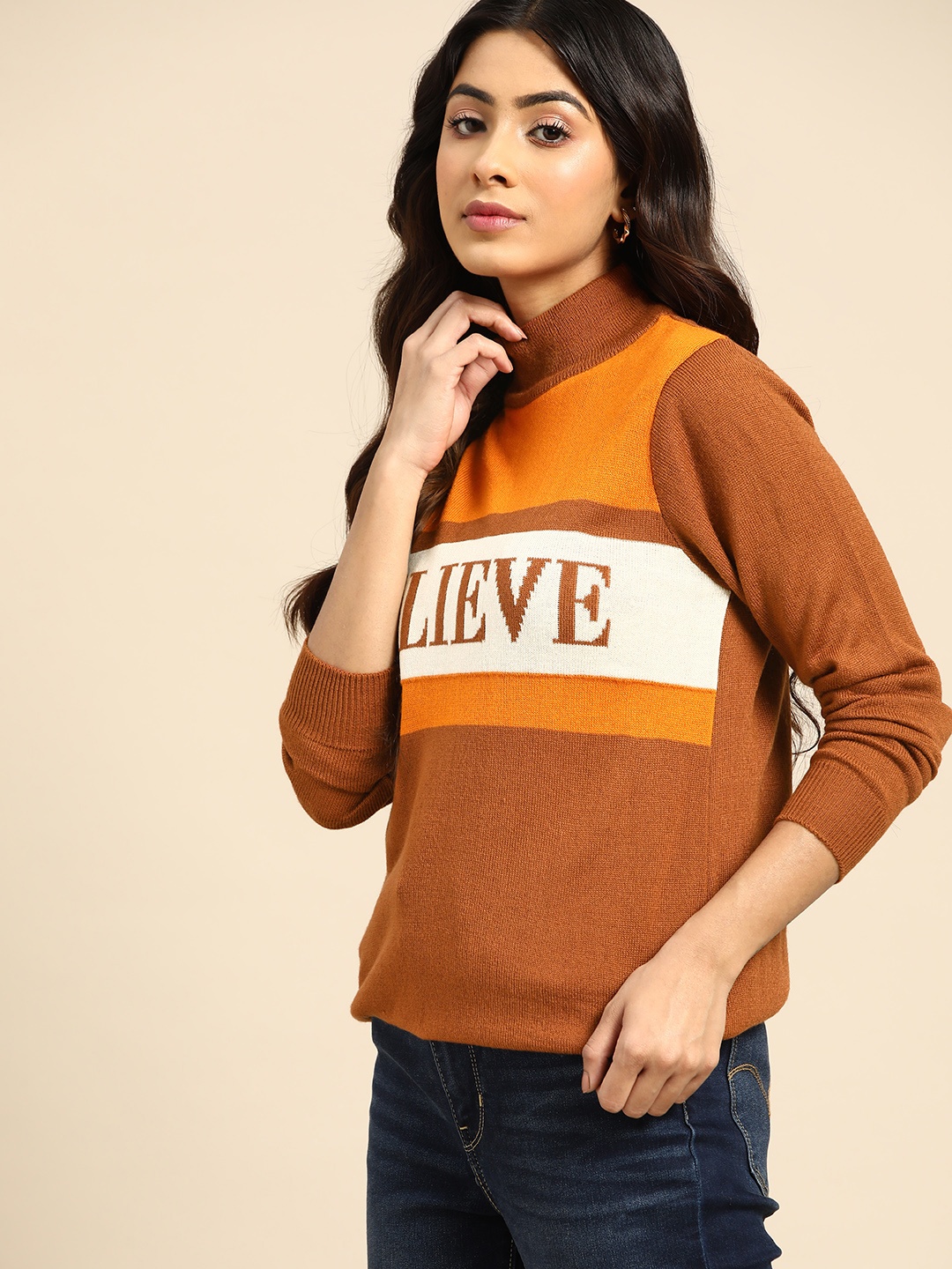 

all about you Women Brown & White Typography Pullover