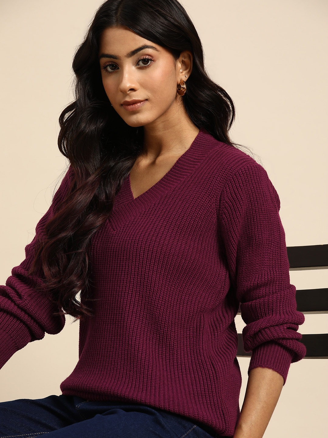 

all about you Women Burgundy V-Neck Knitted Pullover