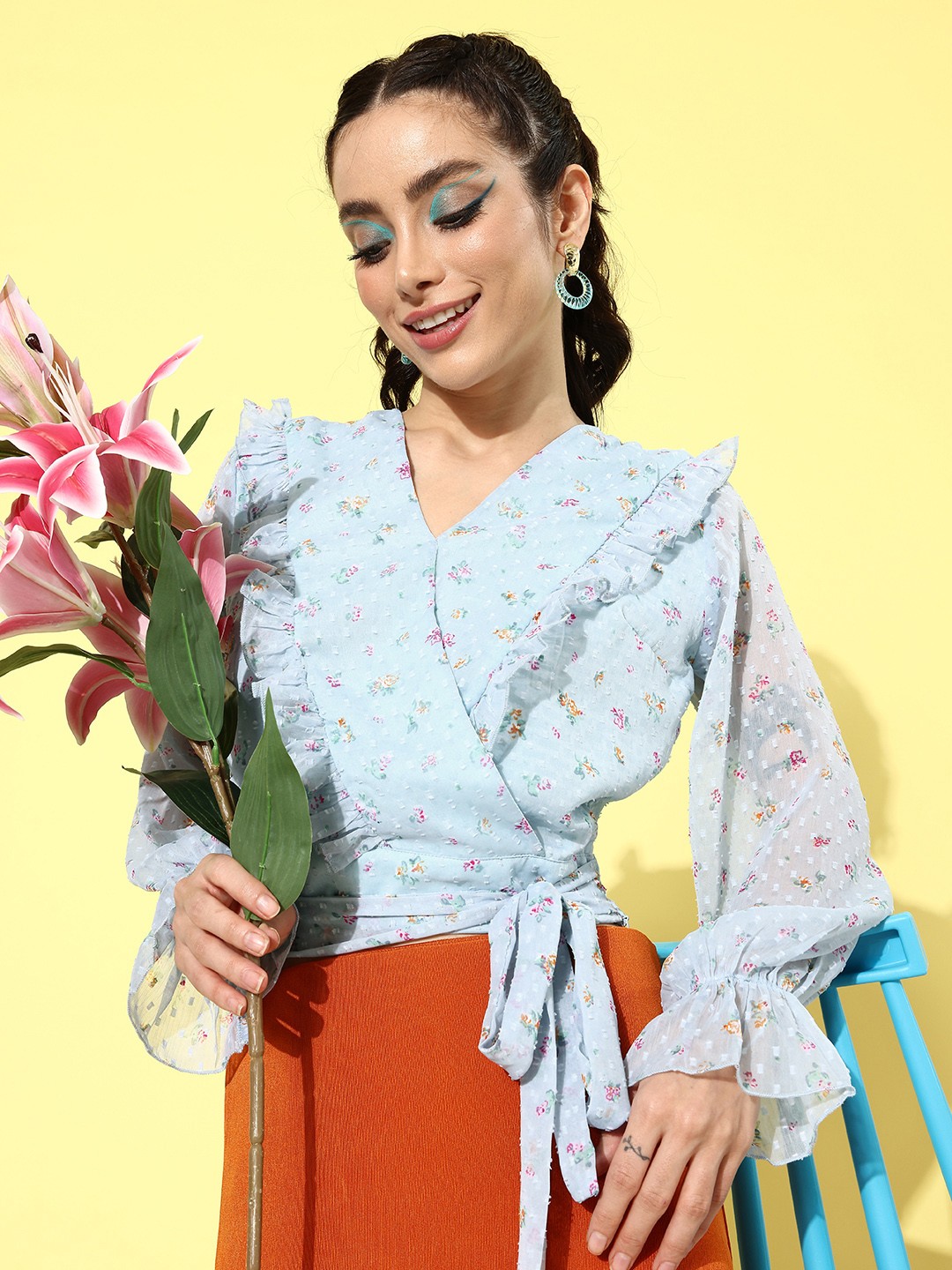 

ANVI Be Yourself Women Floral Printed Chiffon Wrap Top, Blue