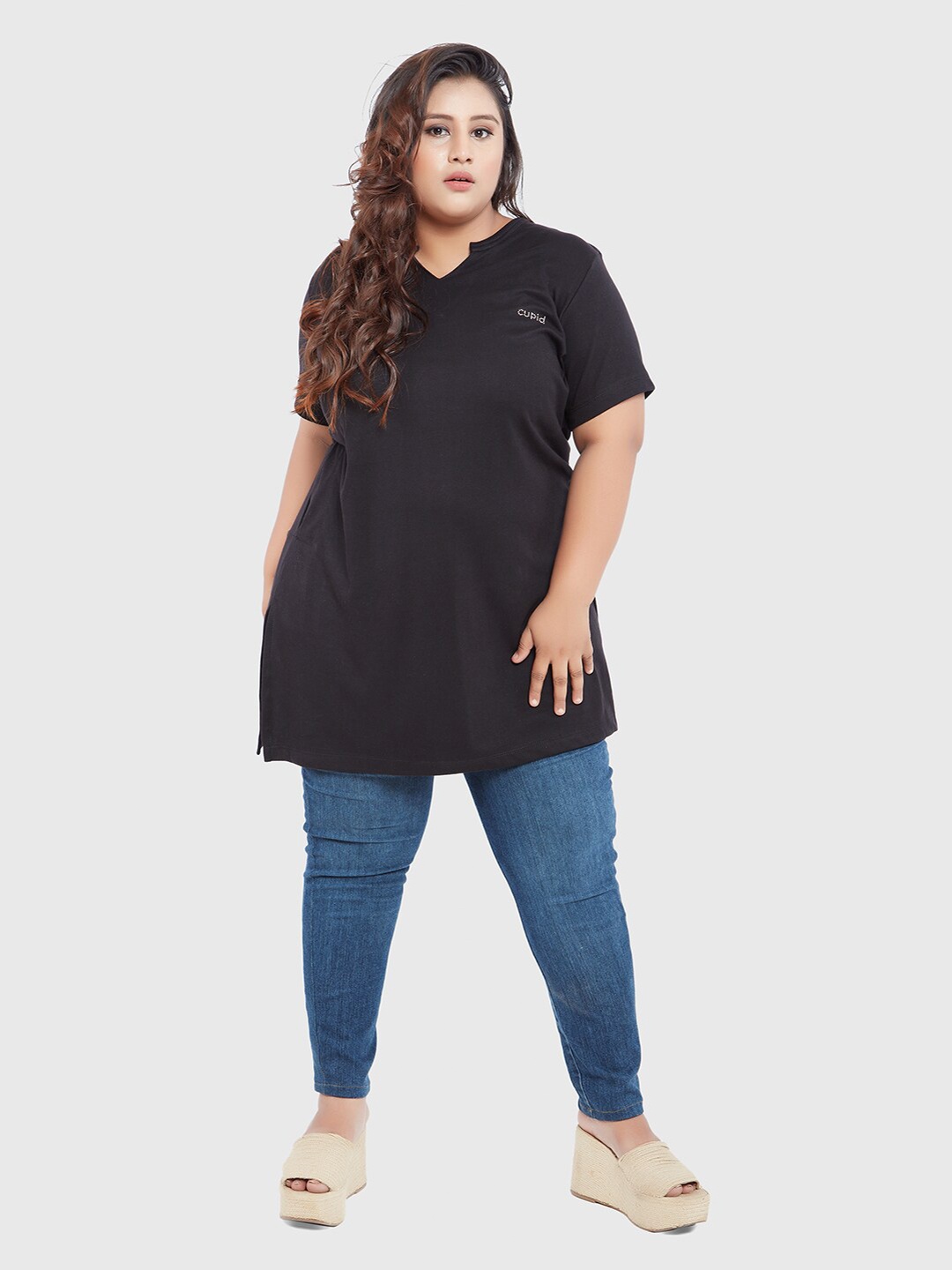 CUPID Plus Size Plain Cotton Long Top, Black
