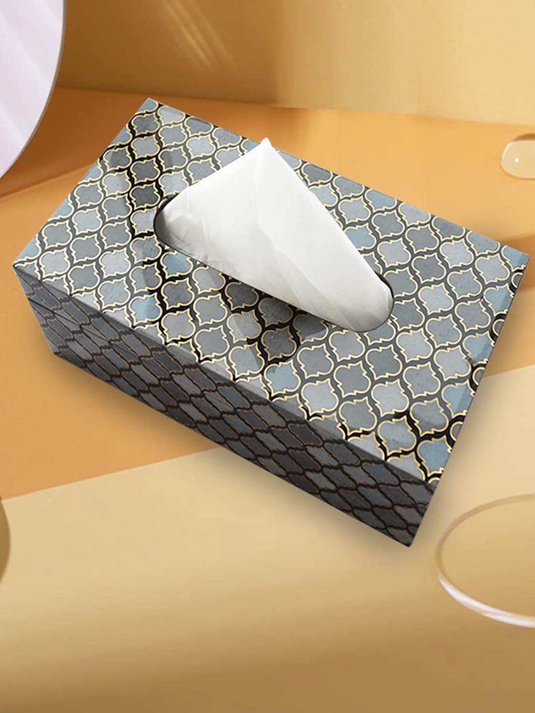 Tranquil square Grey & Blue Printed Wooden Tissue Paper Box