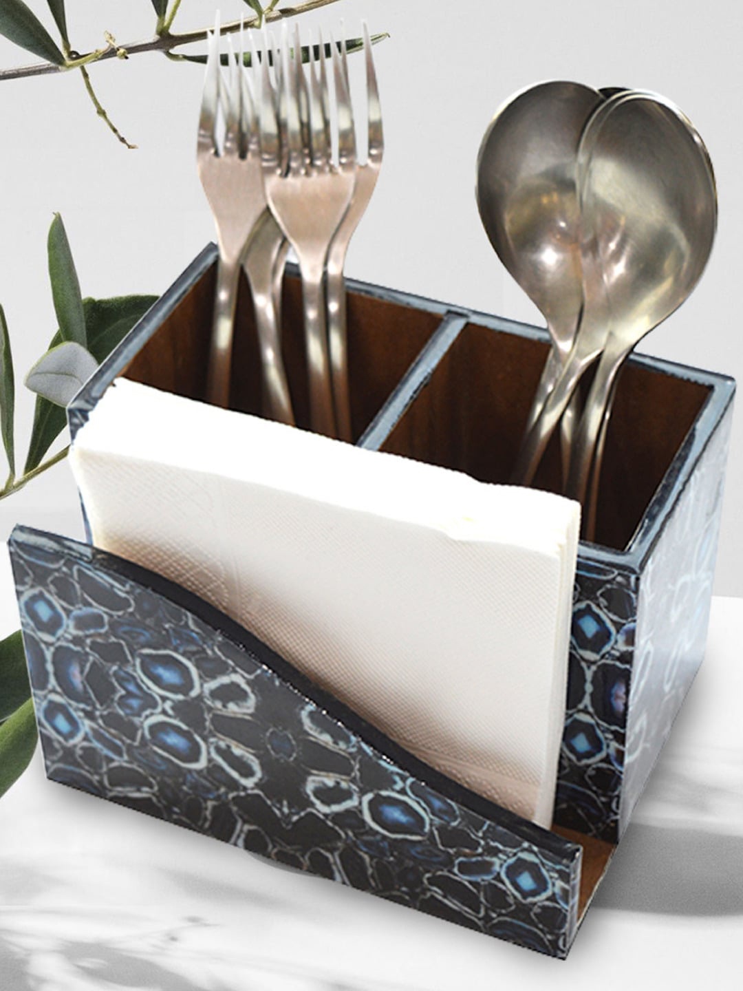 

Tranquil square Blue Printed Handcrafted Wooden Cutlery Holder