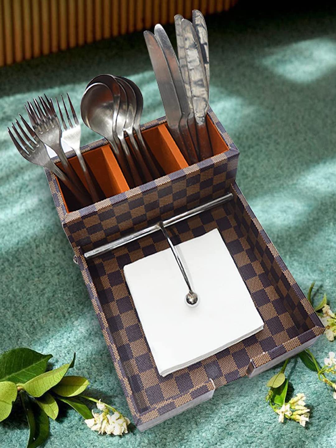 

Tranquil square Brown & Yellow Printed Wooden Napkin Holder Plus Cutlery Stand