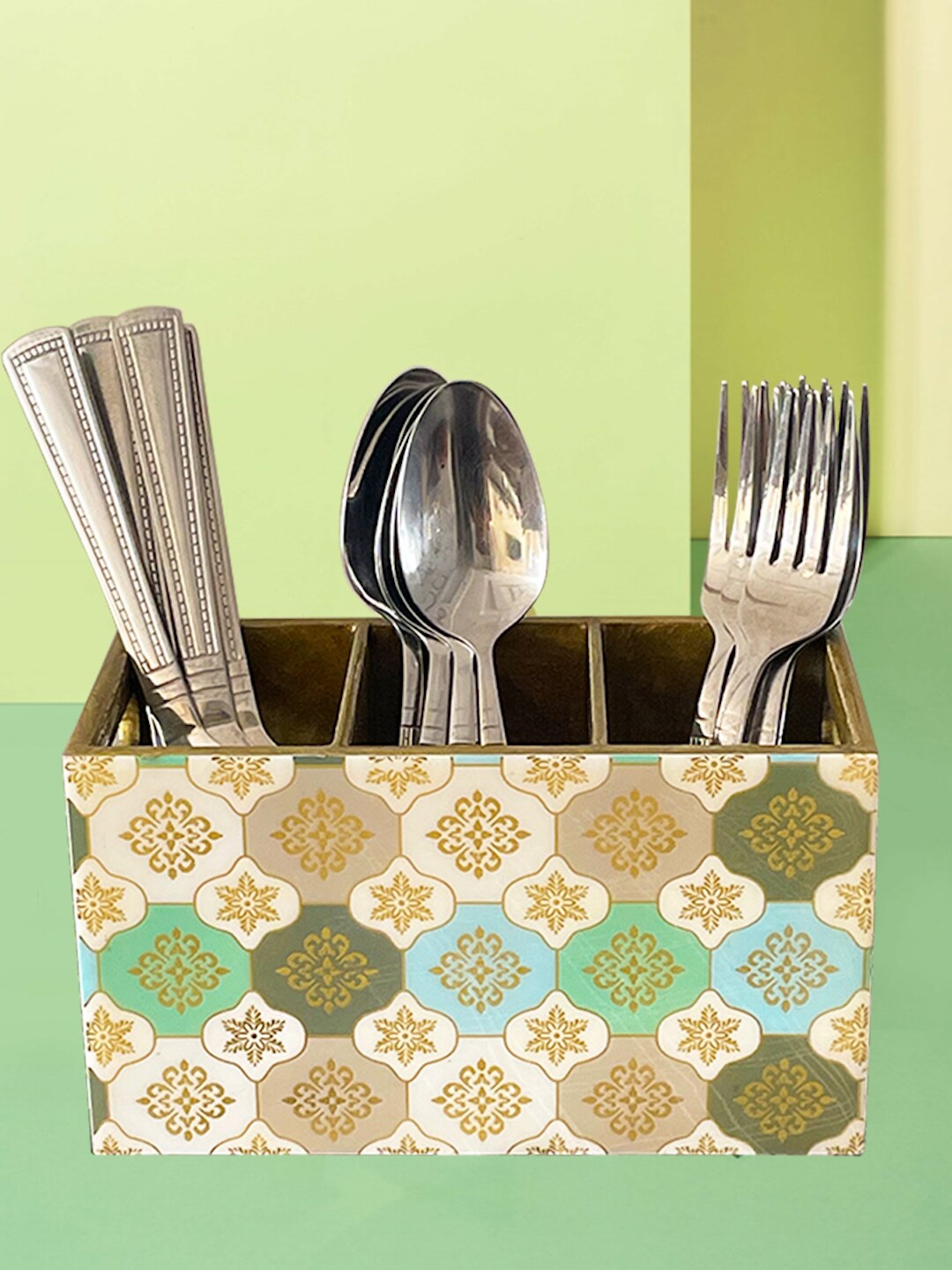 

Tranquil square Gold-Colored Printed Three Rack Cutlery Stand, Multi