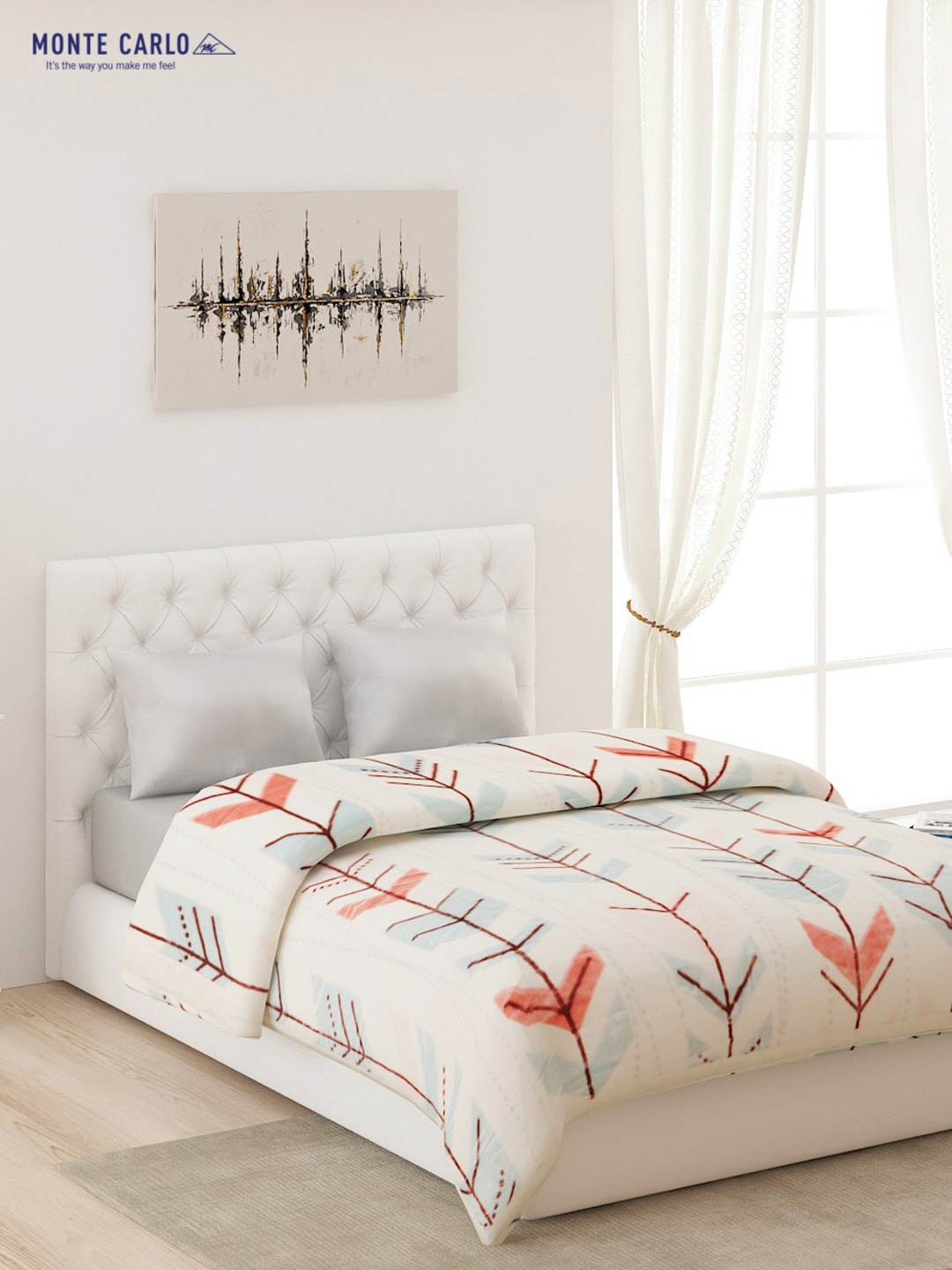 

Monte Carlo Cream-Coloured & Red Geometric AC Room 600 GSM Single Bed Blanket